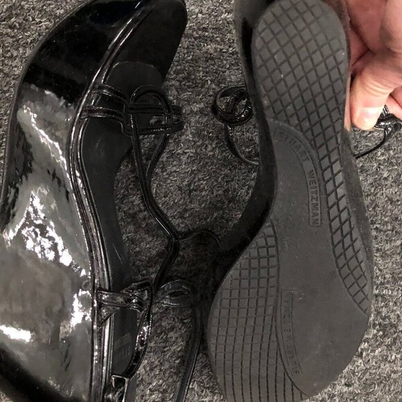 Stuart Weitzman Patent Leather Strappy Wedge Platform Sandals Black 7.5 - Picture 12 of 13